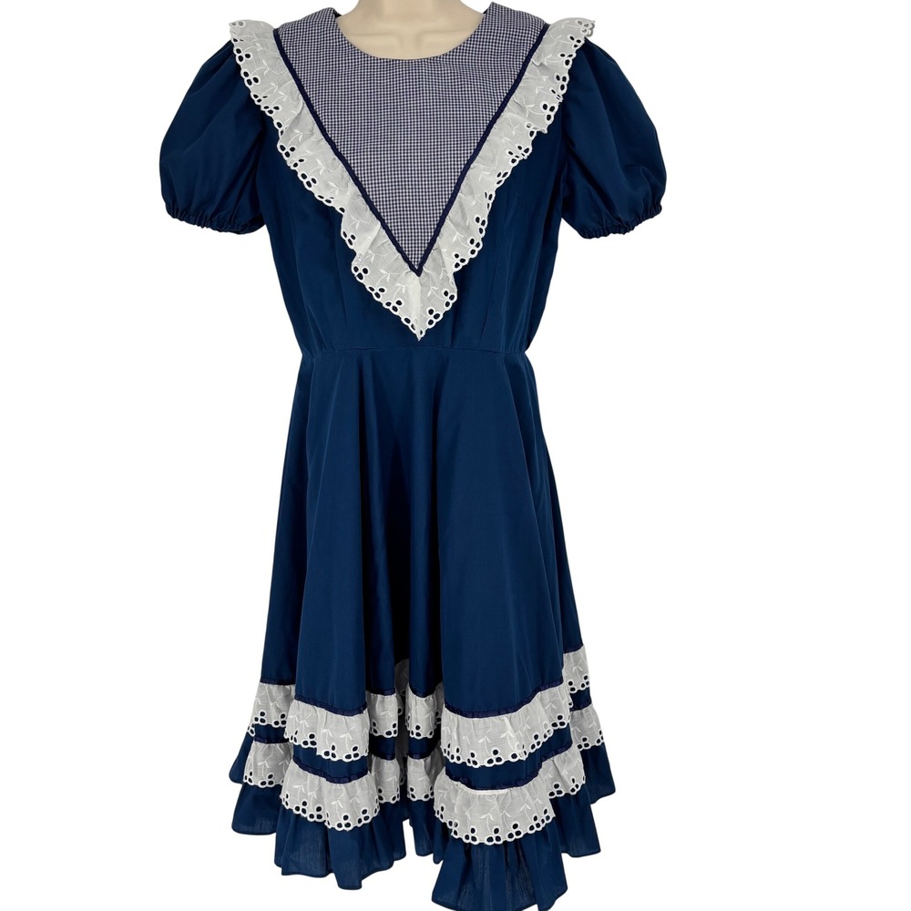Vintage Handmade Navy Gingham Eyelet Lace Prairie Square Dance Dress Midi